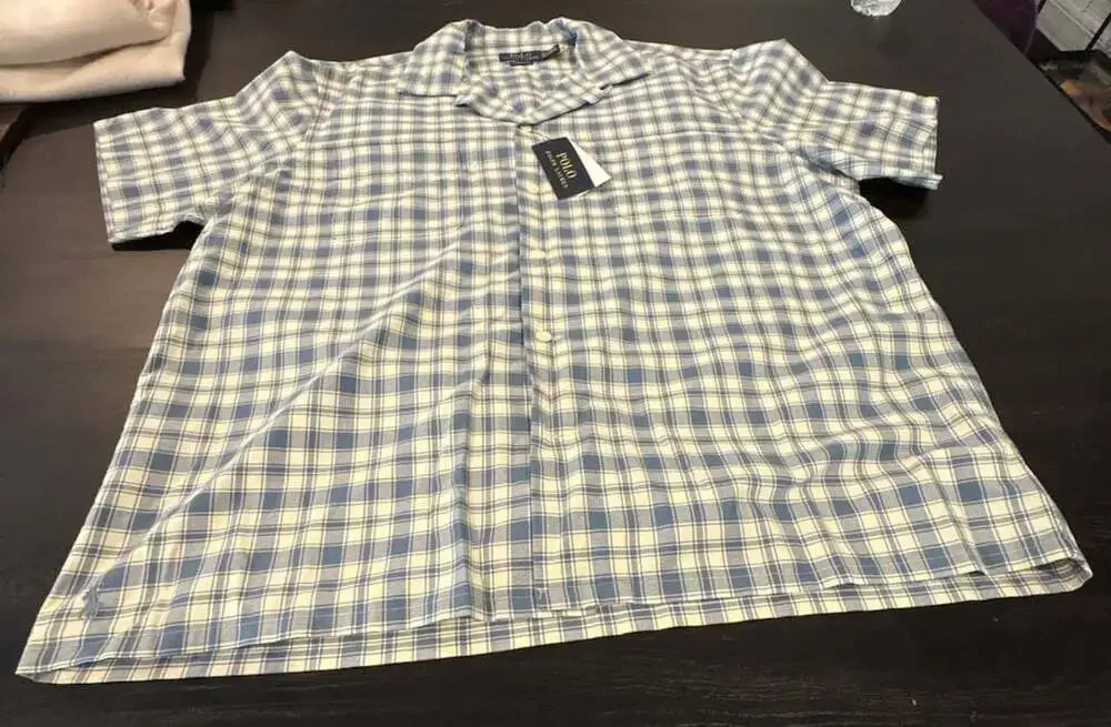 Polo Ralph Lauren Classic Fit Plaid Oxford Camp Work Shirt Blue Cream Size XL Ne